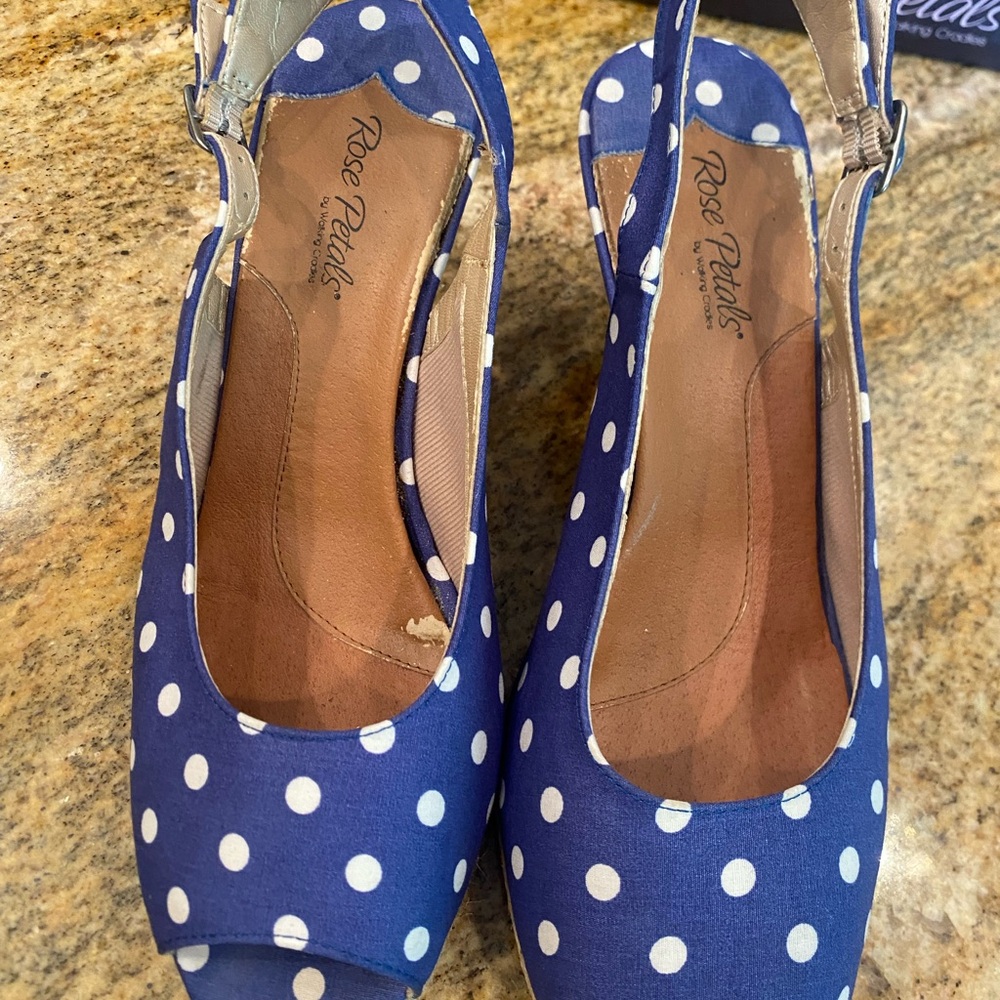 Blue and White Polka Dot Espadrille Wedge Slingbacks Open Toe ROSE PETALS 8.5 - Picture 2 of 5